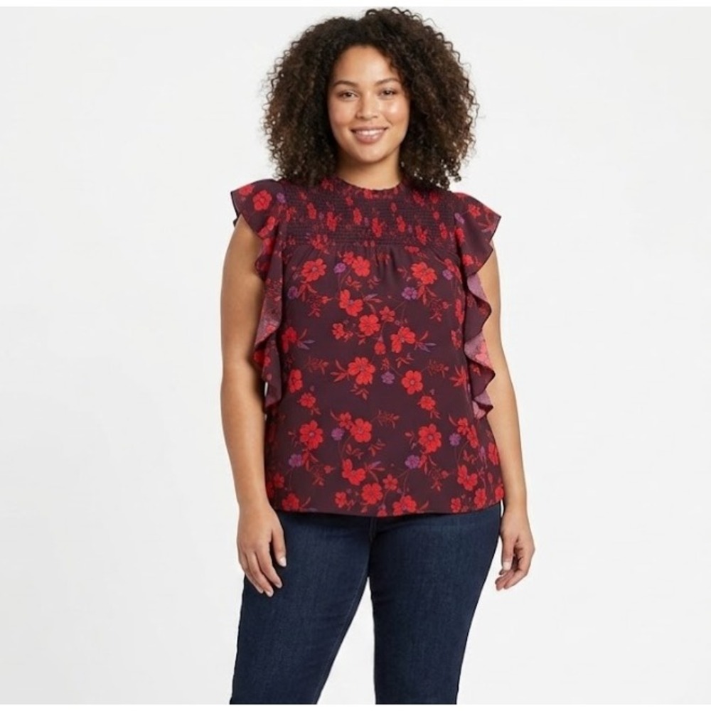 New Sanctuary Red Burgundy Floral Ruffle Detail‎ Flutter Sleeve Blouse 2X